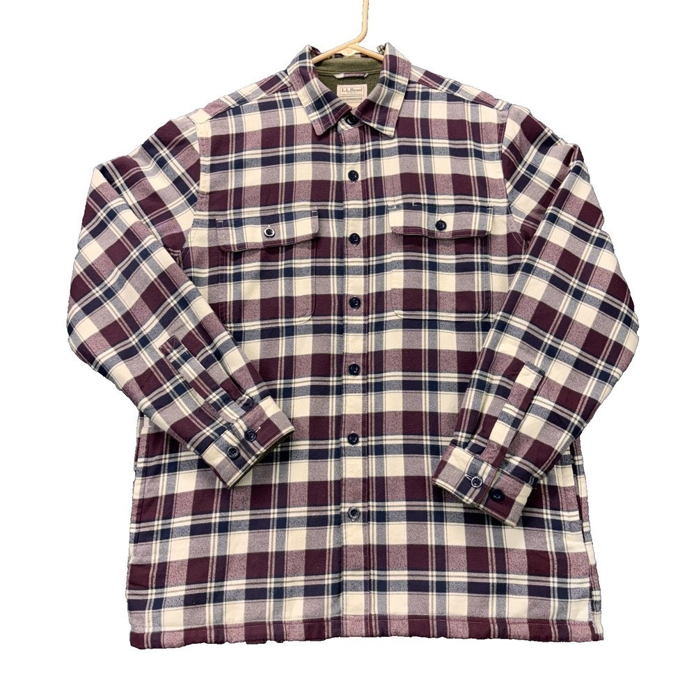 L.L.Bean shacket Mens Medium Fleece Lined Flannel‎ Burgundy Navy Plaid button up